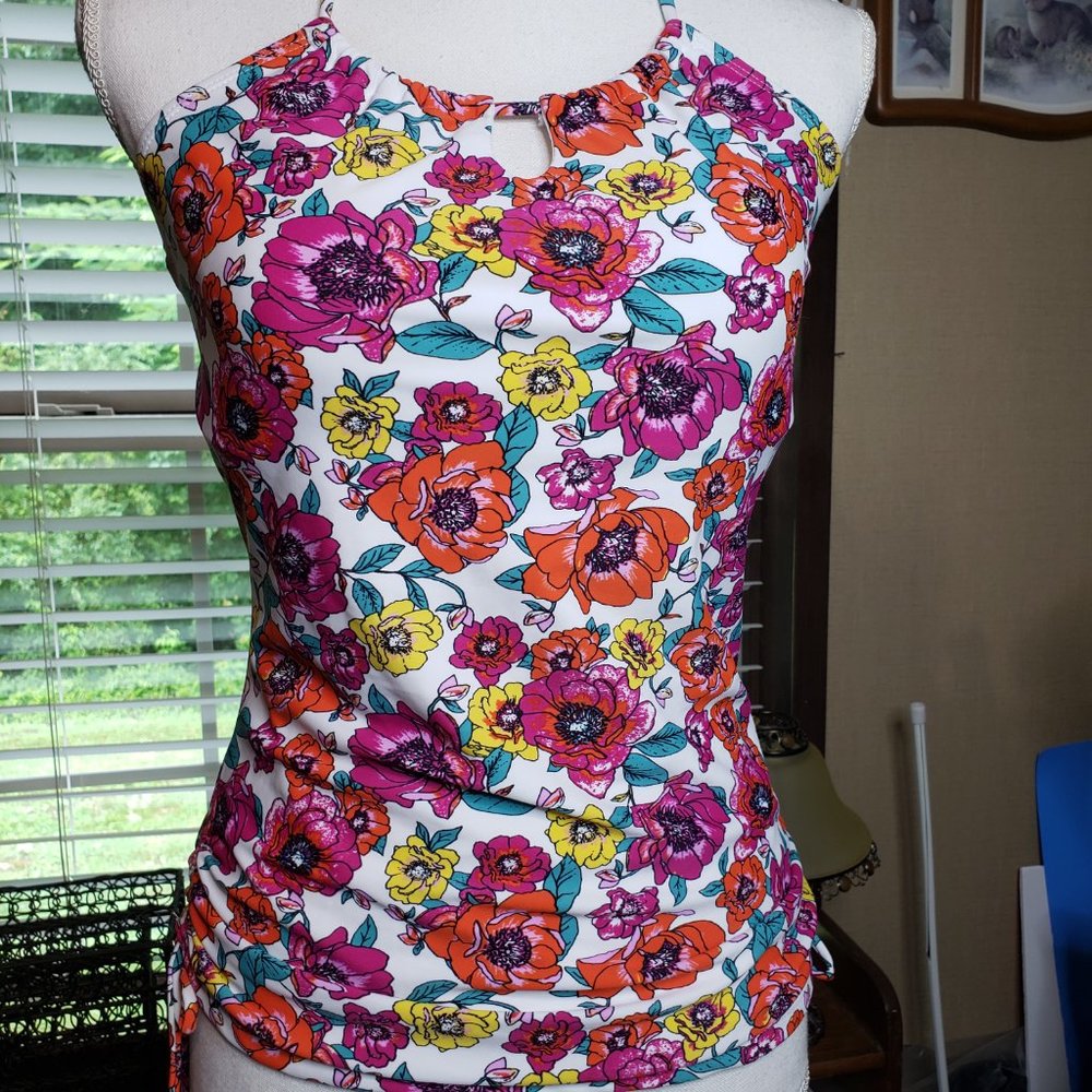 Jones New York Pink Floral 2 Piece Swimsuit Bathing Suit L M Halter High Waist